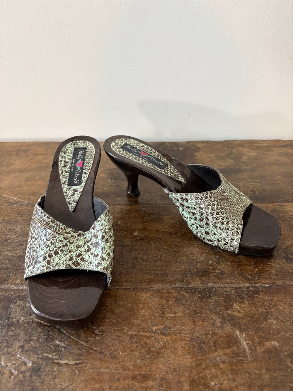 Mint Snakeskin Open-Toe Heeled Mules